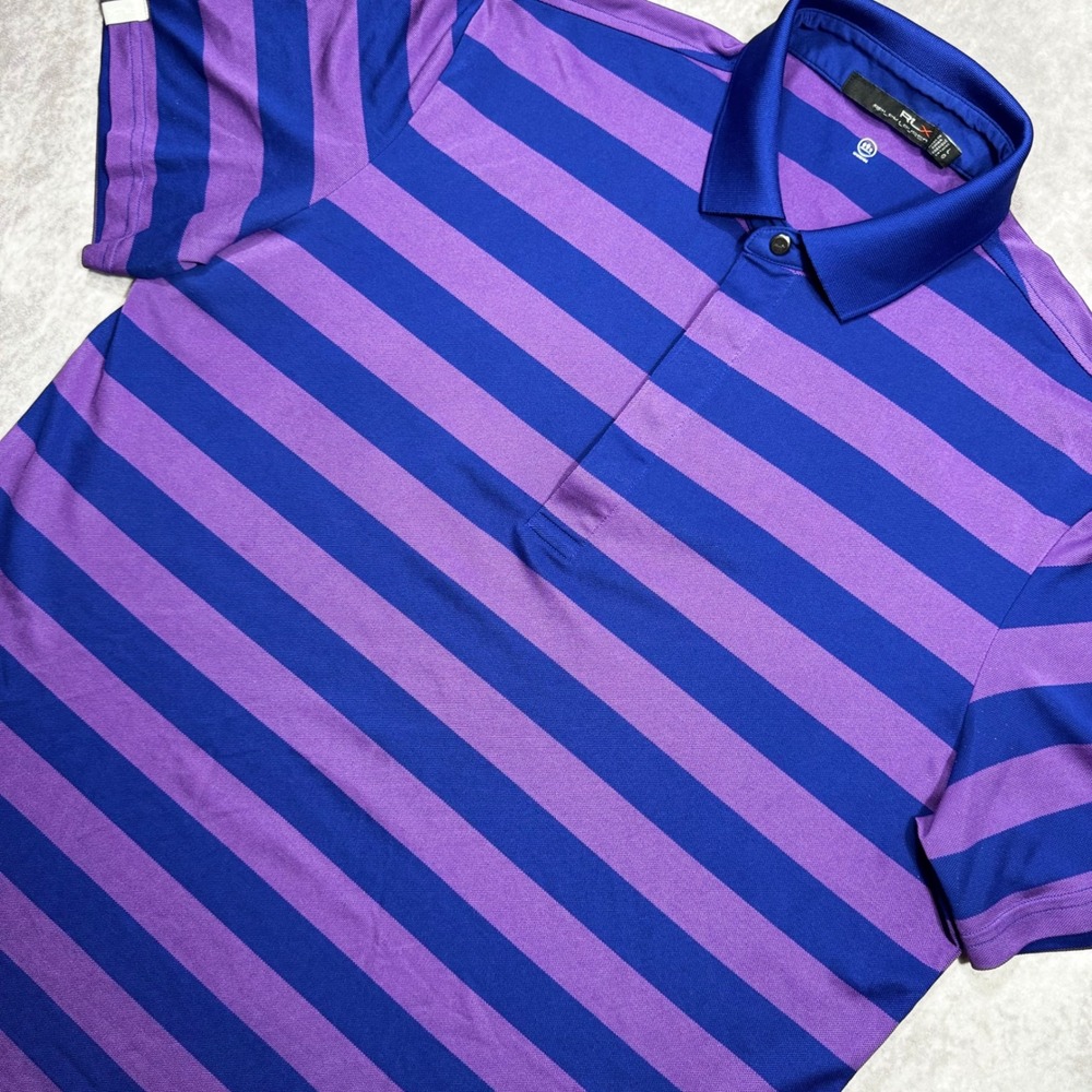 RLX Ralph Lauren Mens Large Blue Purple Striped Wicking Golf Polo Shirt